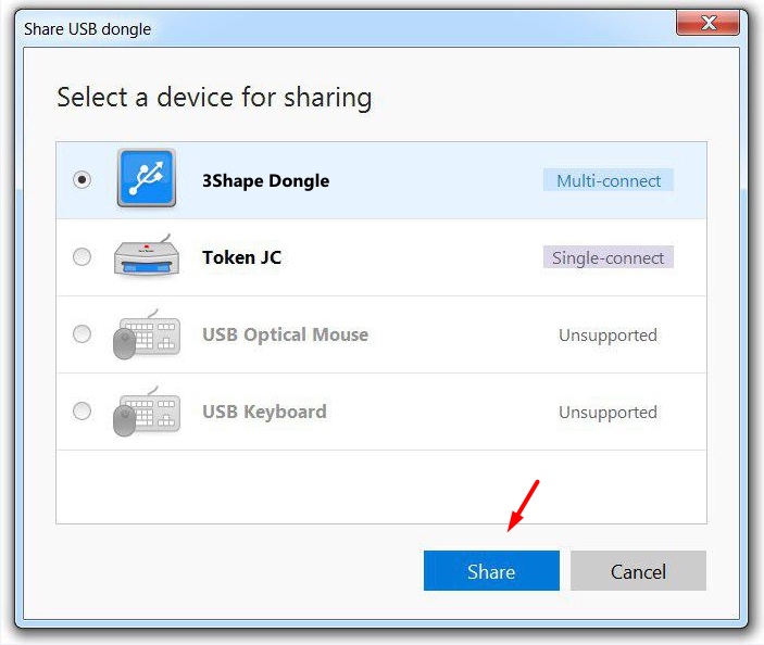  Select the required USB dongle